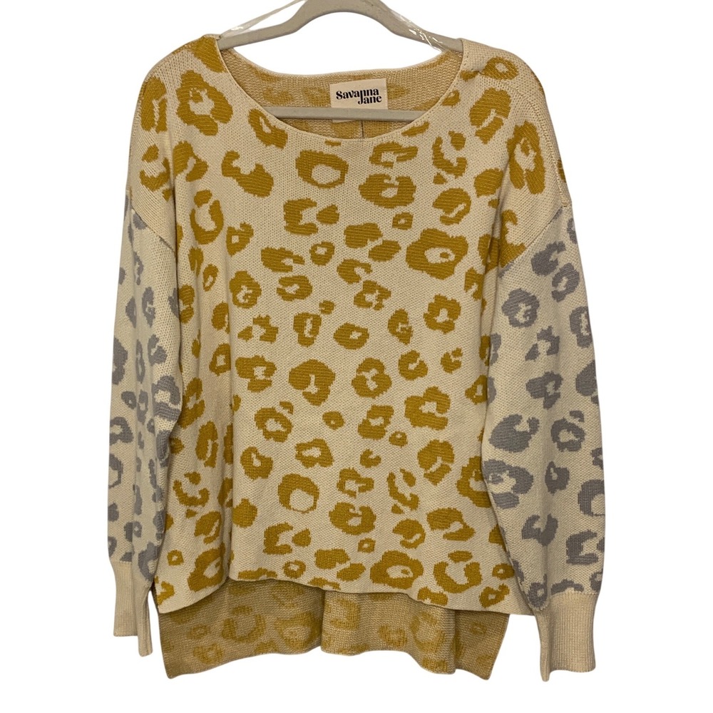 Savanna Jane Leopard Print Sweater Cream Gold Grey Long Sleeve Size L